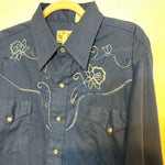 (RR2923) Vintage Blue Single Stitch Embroidered Yoke Pearl Snap Western Button Down Shirt