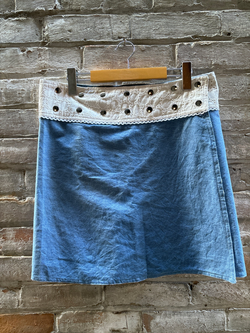 (RR3146) Vintage Denim Lace Detail Mini Skirt