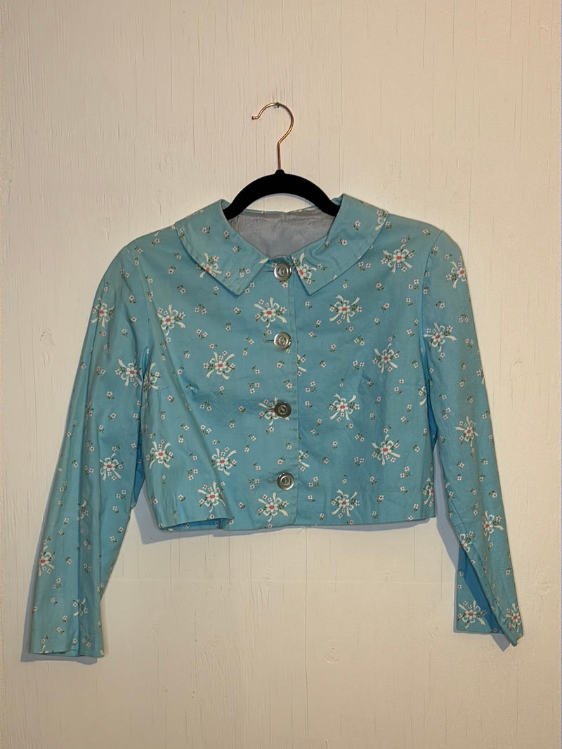 (RR2876) Vintage Baby Blue Floral Canvas Crop Button Down Jacket