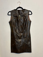 (RR2943) Brown Leather Zip Down Mini Dress