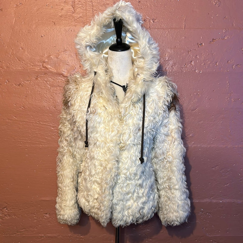 (RR2662) Beige & Dark Brown Curly Lambswool Hooded Cropped Fur Jacket