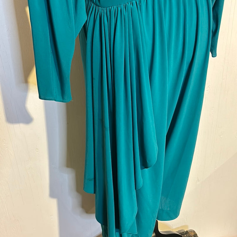 (RR2743) Vintage Plunging Cowl Neckline Teal Dress