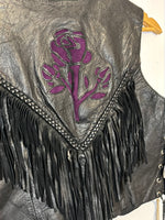 (RR3050) Vintage Black Leather Crop Fringe Floral Detail Moto Vest