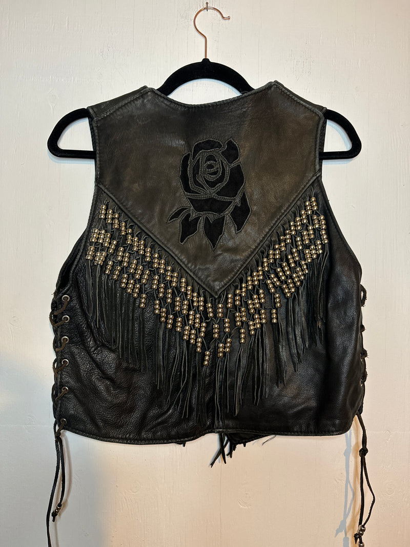 (RR3112) Beaded Black Fringe Leather Vest