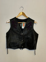 (RR3050) Vintage Black Leather Crop Fringe Floral Detail Moto Vest