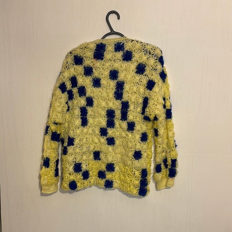 (RR2761) Vintage Hand Crocheted Blue and Yellow Cardigan