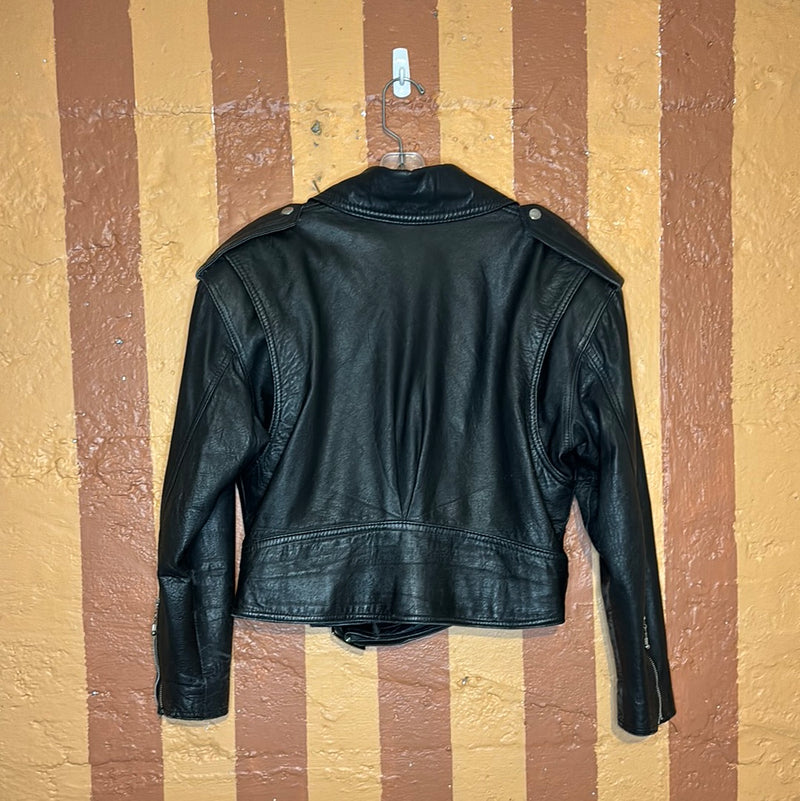 (RR2687) Vintage Crop Black Leather Moto Jacket