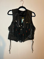 (RR3116) Black Leather Fringe Vest w Heart Beads