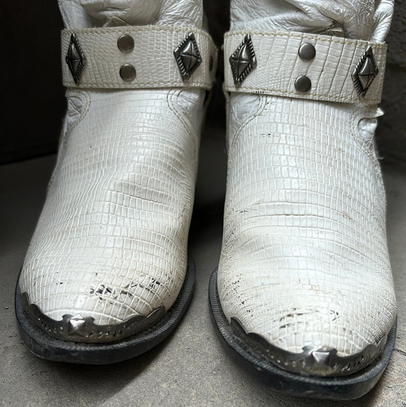 (RR3091) Vintage White Exotic Leather Mid-Shaft Cowboy Boots