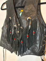 (RR3116) Black Leather Fringe Vest w Heart Beads