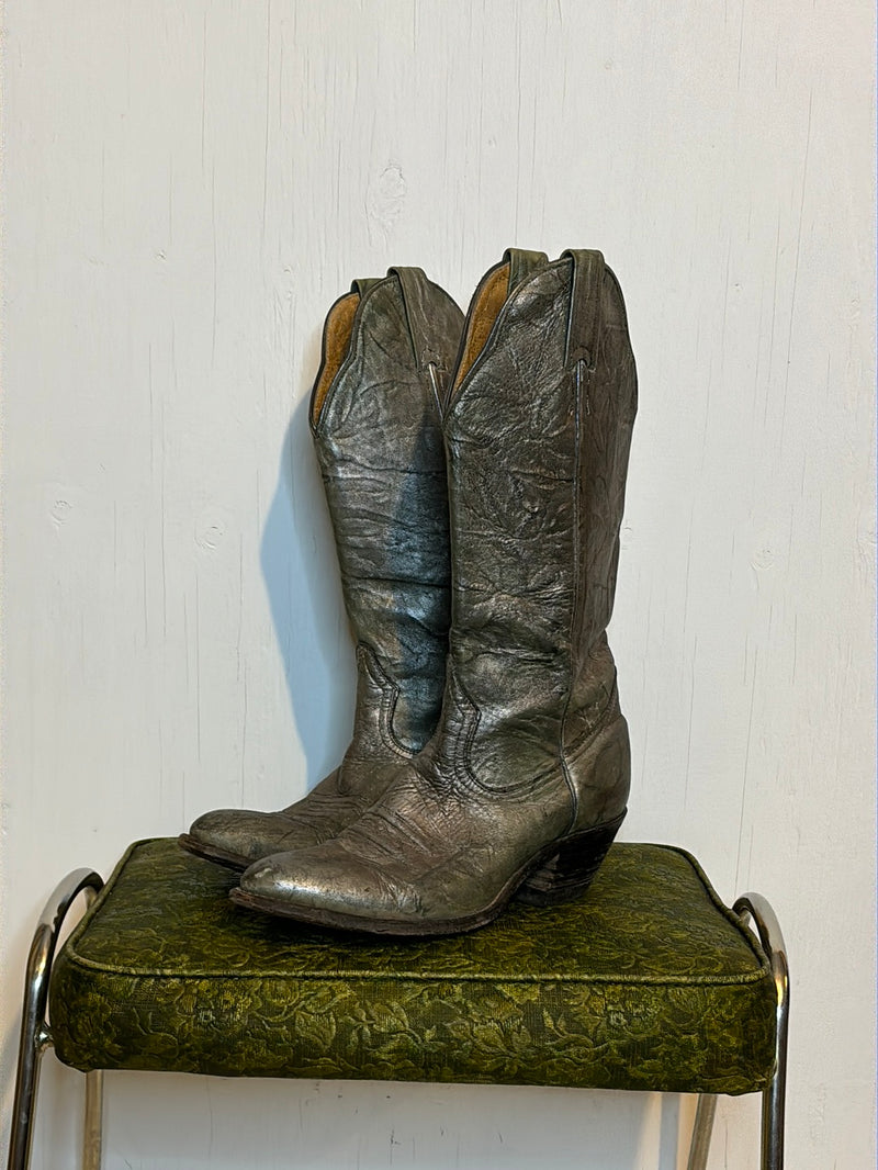 (RR2816) Vintage Boulet Metallic Finish Leather Cowboy Boots