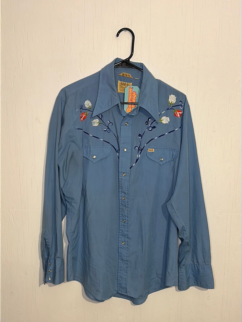(RR2916) Vintage Single Stitch Embroidered Yoke Pearl Snap Western Button Down Shirt