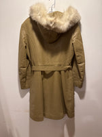 (0125RR3575) Beige Leather Hooded Fur Lined Jacket