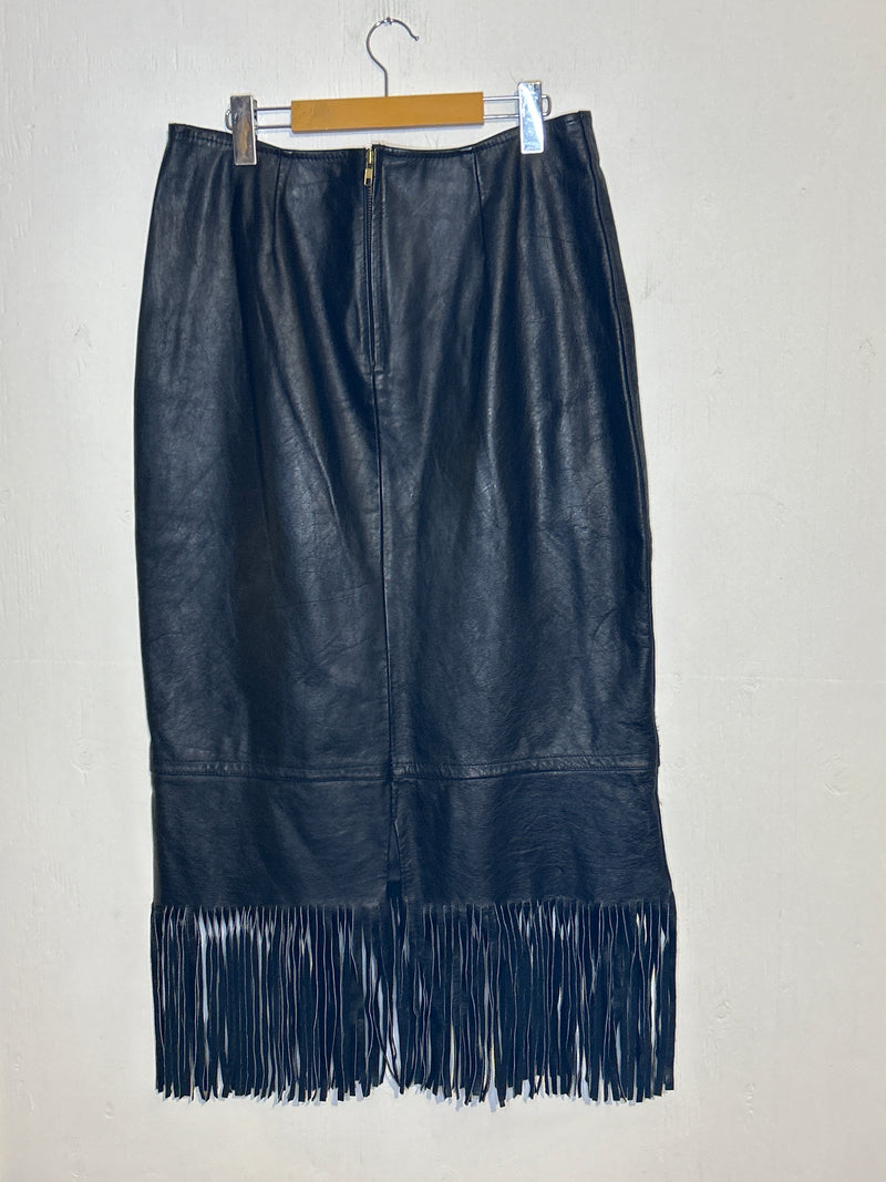 (RR3234) Fringe Black Leather Skirt