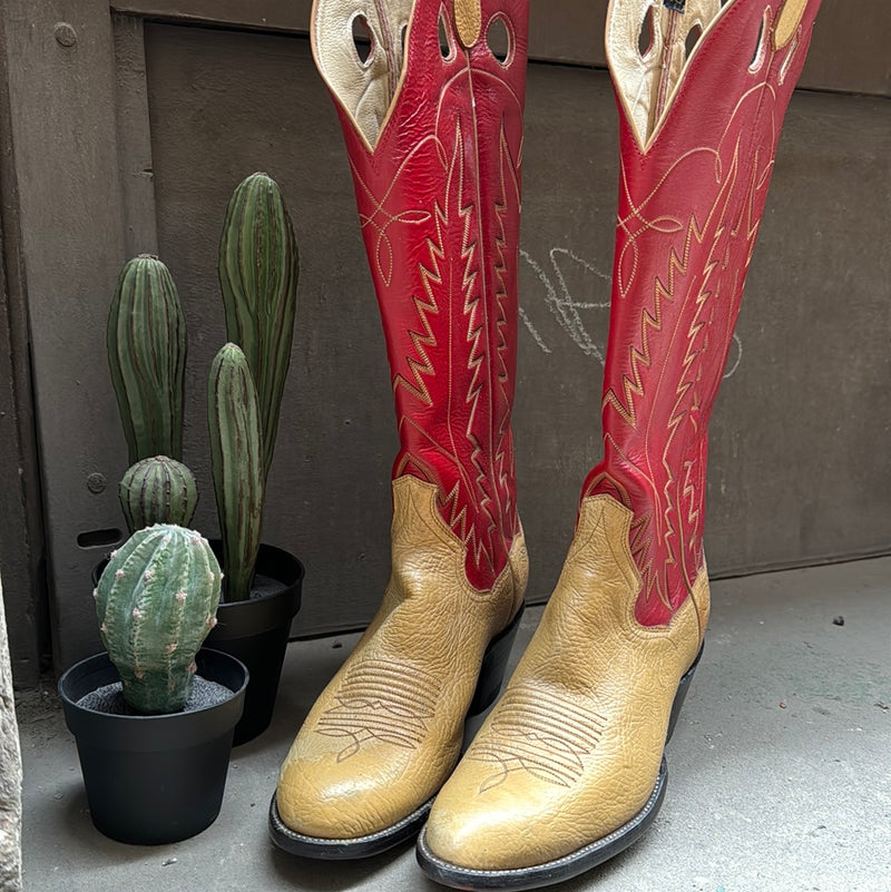 (RR3065) Beige & Red Cowboy Boot