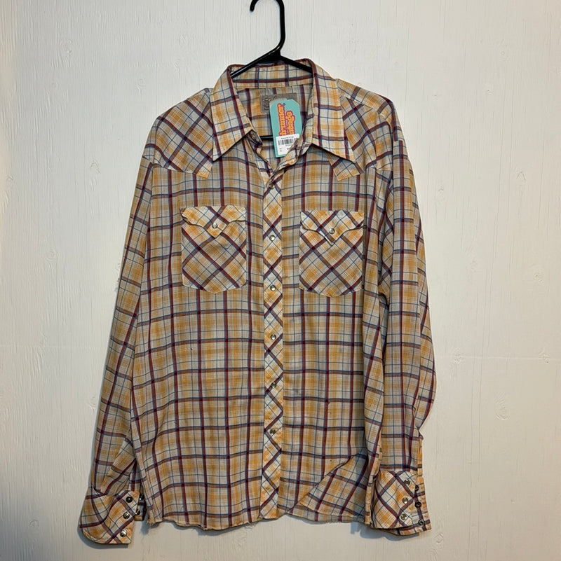 (RR2924) Vintage Plaid Single Stitch Pearl Snap Western Button Down Shirt