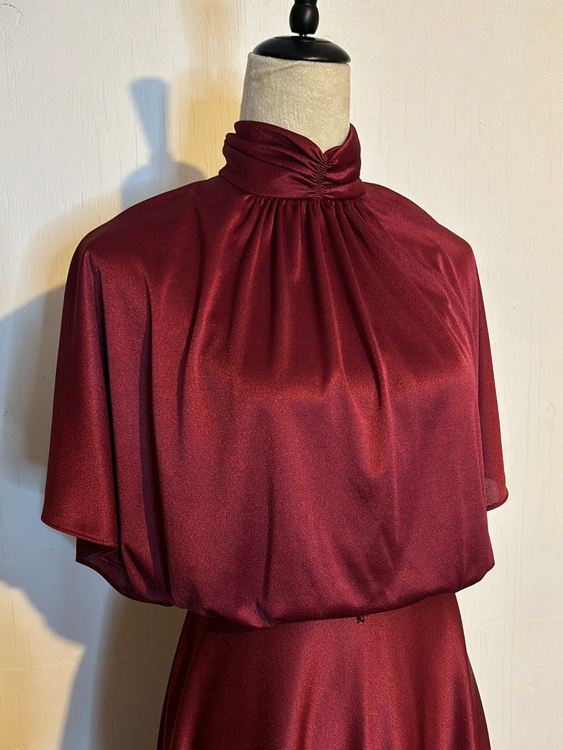 (RR2744) 1970’s Vintage Wine Red Long Party Dress