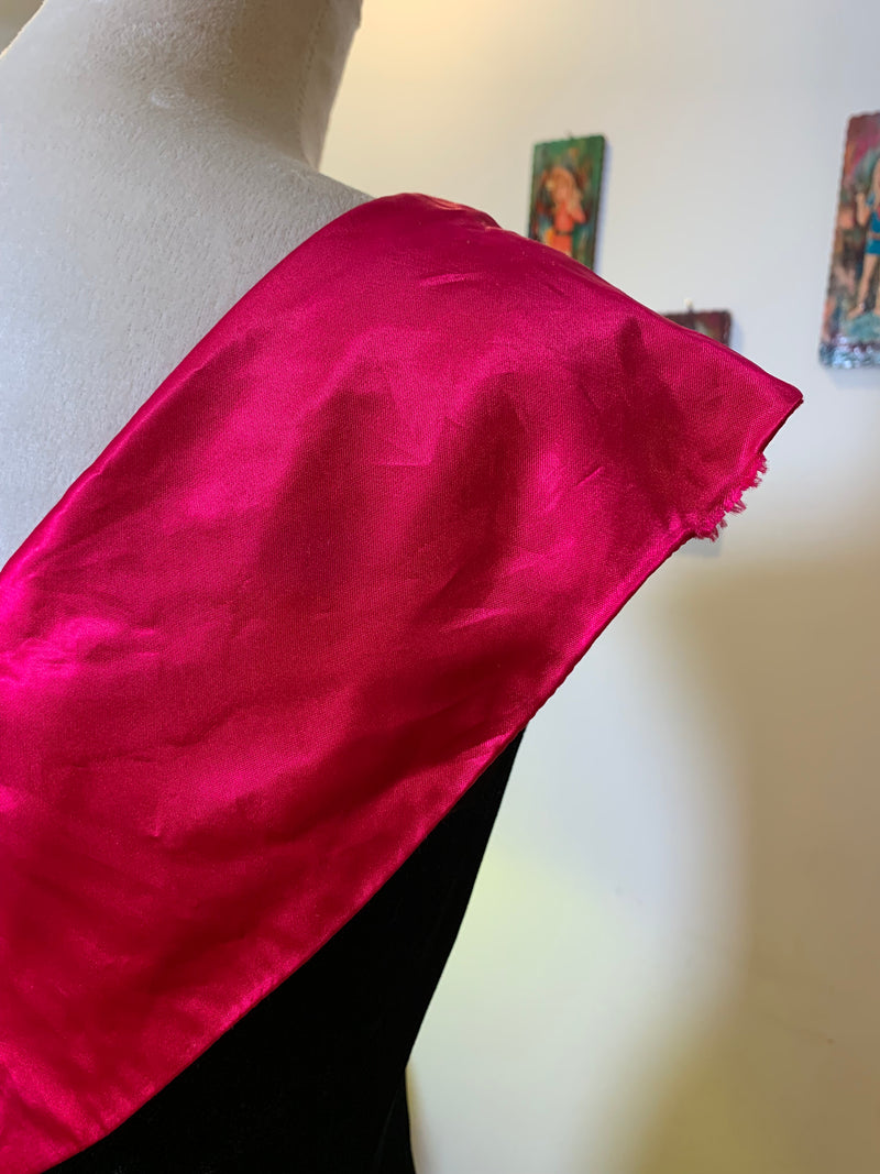 (1224RR3533) 1980s Party Dress Hot Pink Magenta Satin Trim Black Velvet Tulle Underskirt