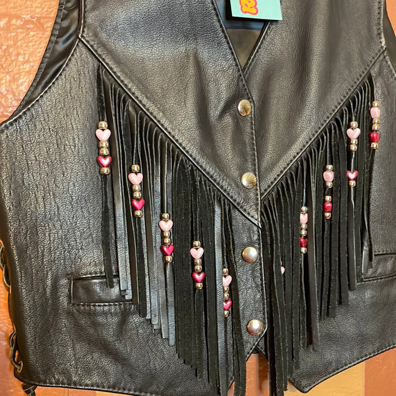 (RR2272) Cute Black Leather Vest with Heart Beaded Fringe