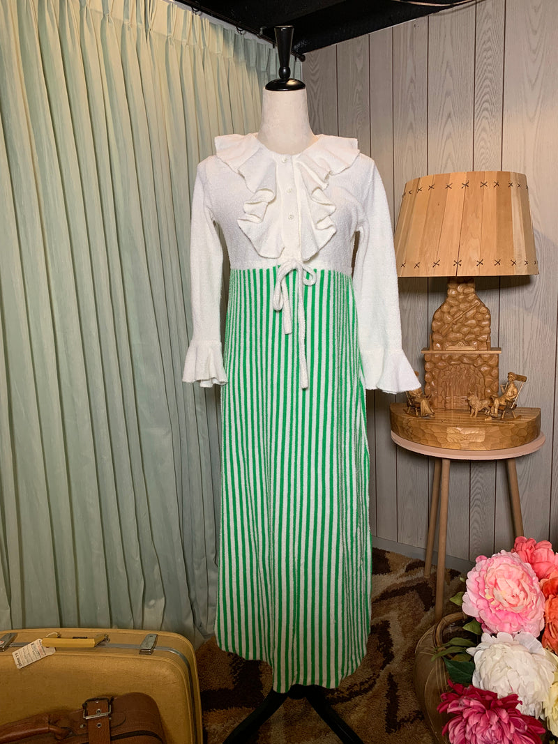 (RR2830)Vintage Terry Cloth Green Stripe Swimsuit Cover Dress