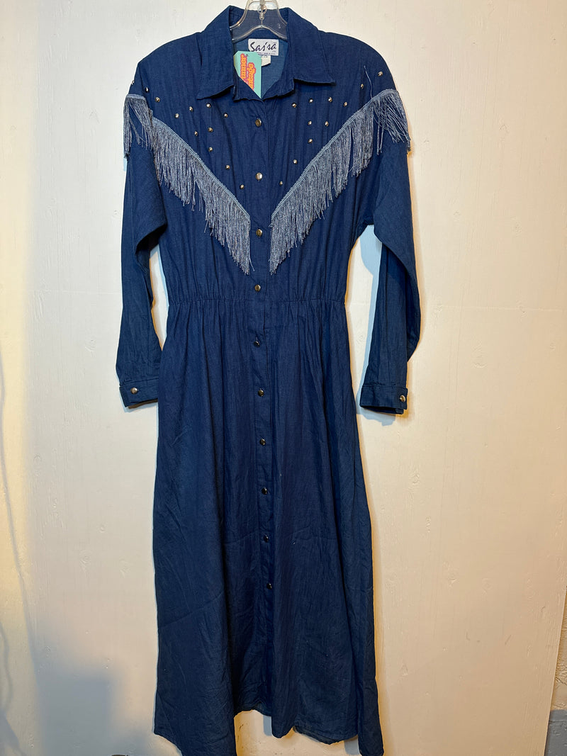 (RR3108) Denim Fringe Full Length Dress