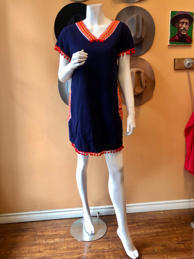 (RR2371) Navy Blue Short Dress With Red Pom Pom Trim
