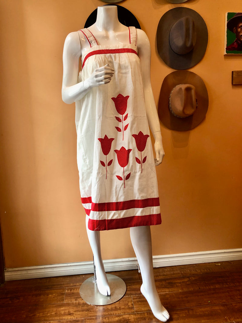 (RR2370) White Linen Dress with Red Polka Dot Flowers