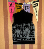 (RR2340) Black Fleece Zip Down Vest With Wolf Pattern