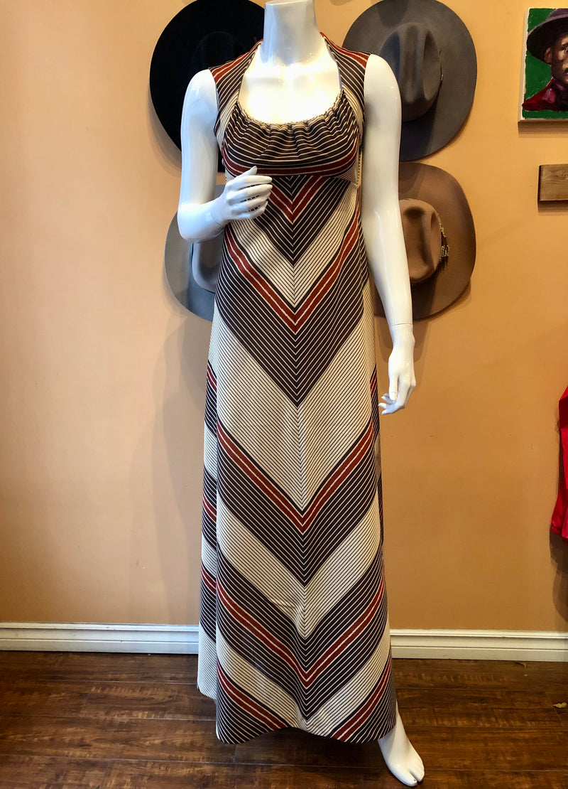 (RR2381) Ronda Roy Brown and Beige Striped Maxi Dress