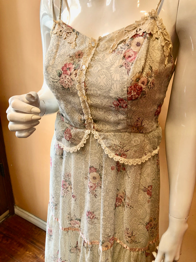 (RR2372) Orite Blue and Pink Floral Printed Maxi Dress with Pink Ribbon and Lace