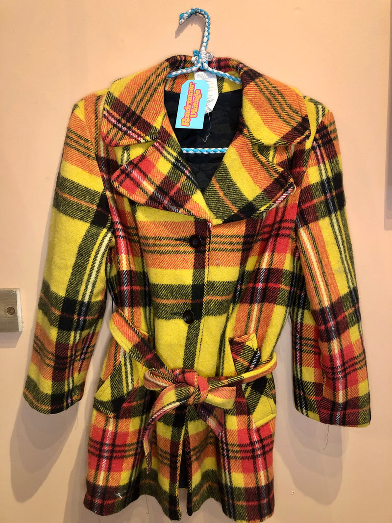 (RR2396) 1950's Yellow and Red Plaid Belted Mid-Length Coat