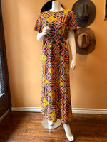 (RR2373) Vintage Blue, Orange and Pink Multi-Print Maxi Dress