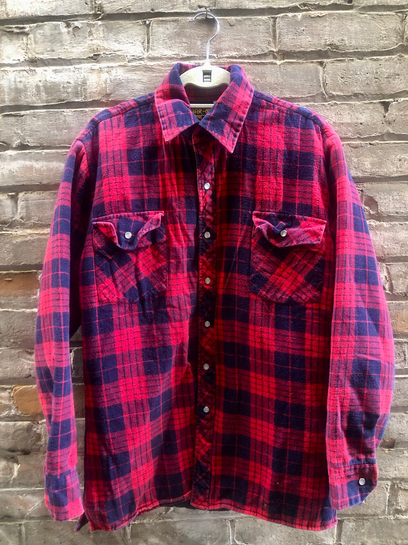 (RR2412) Bar-M Rancher Red and Blue Plaid Lined Flannel Long Sleeve Button Down