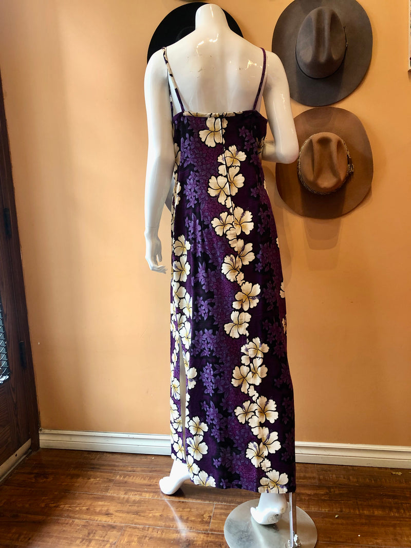 (RR2374) Hilo Hattie Purple Hibiscus Print Maxi Hawaiian Dress