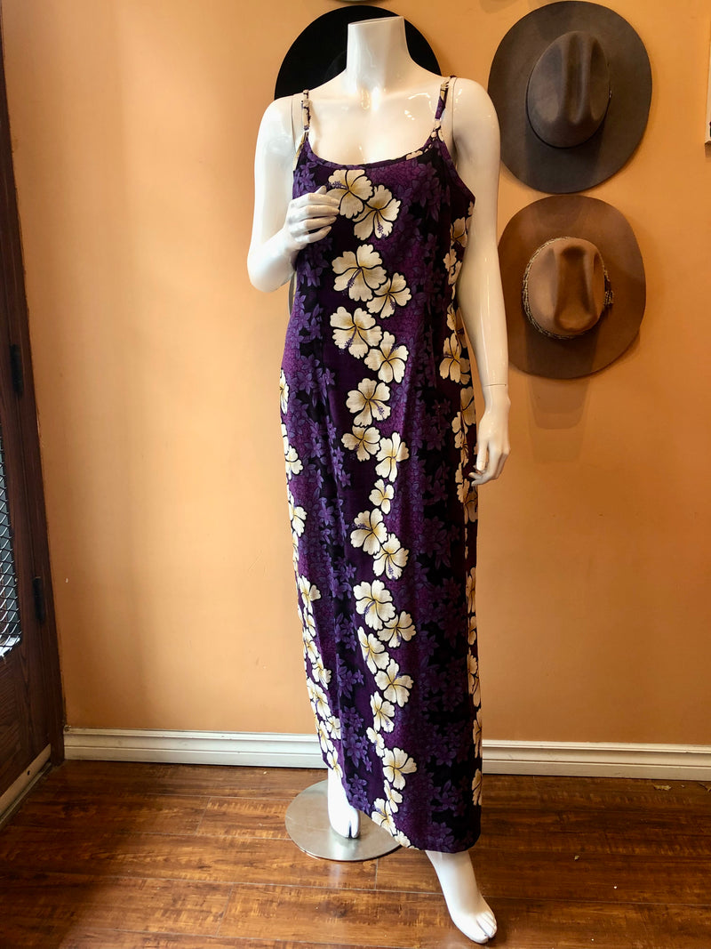 (RR2374) Hilo Hattie Purple Hibiscus Print Maxi Hawaiian Dress