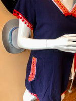 (RR2371) Navy Blue Short Dress With Red Pom Pom Trim