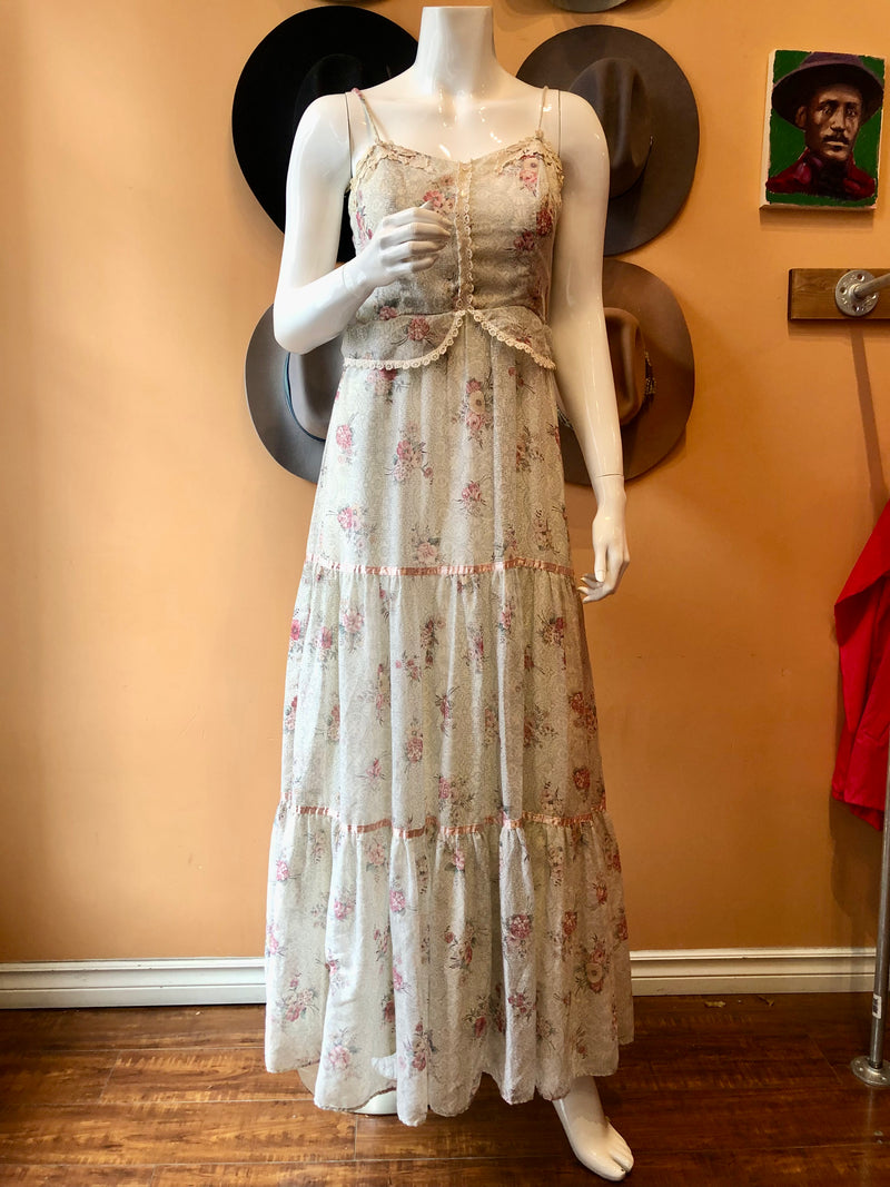 (RR2372) Orite Blue and Pink Floral Printed Maxi Dress with Pink Ribbon and Lace