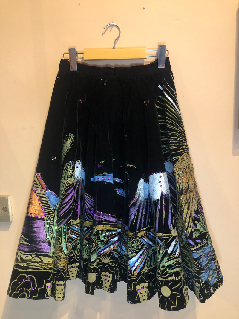 (RR2388) *RARE* Hand Painted Sequin Detail Velvet A-Line Skirt