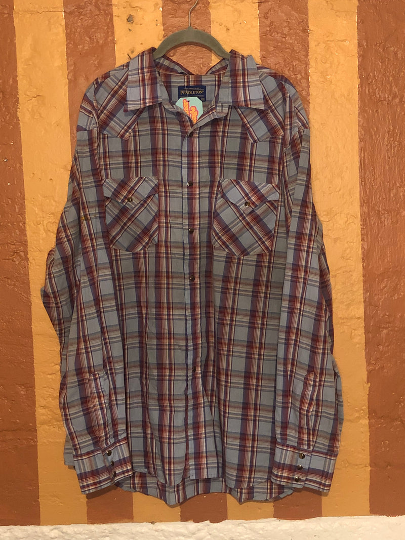 (RR2527) Pendleton Light Blue and Red Brown Pearl Snap Western Button Down