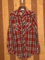 (RR2529) ‘DR Westerns’ Red and Gray Plaid Pearl Snap Western Button Down with Embroidery Details