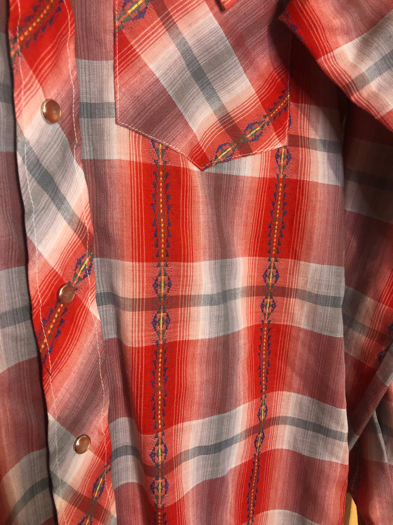 (RR2529) ‘DR Westerns’ Red and Gray Plaid Pearl Snap Western Button Down with Embroidery Details