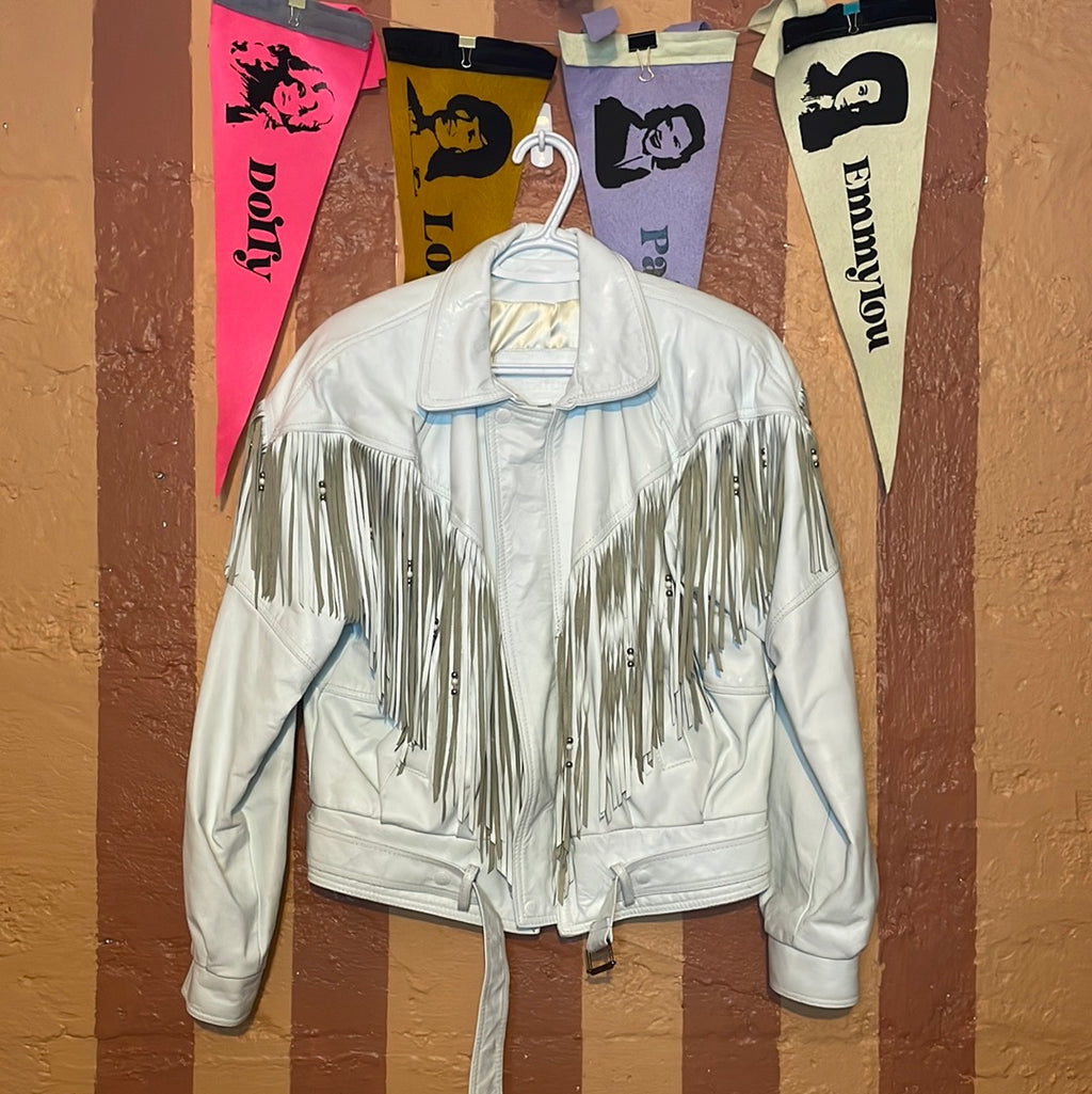 80s white shop leather fringe jacket