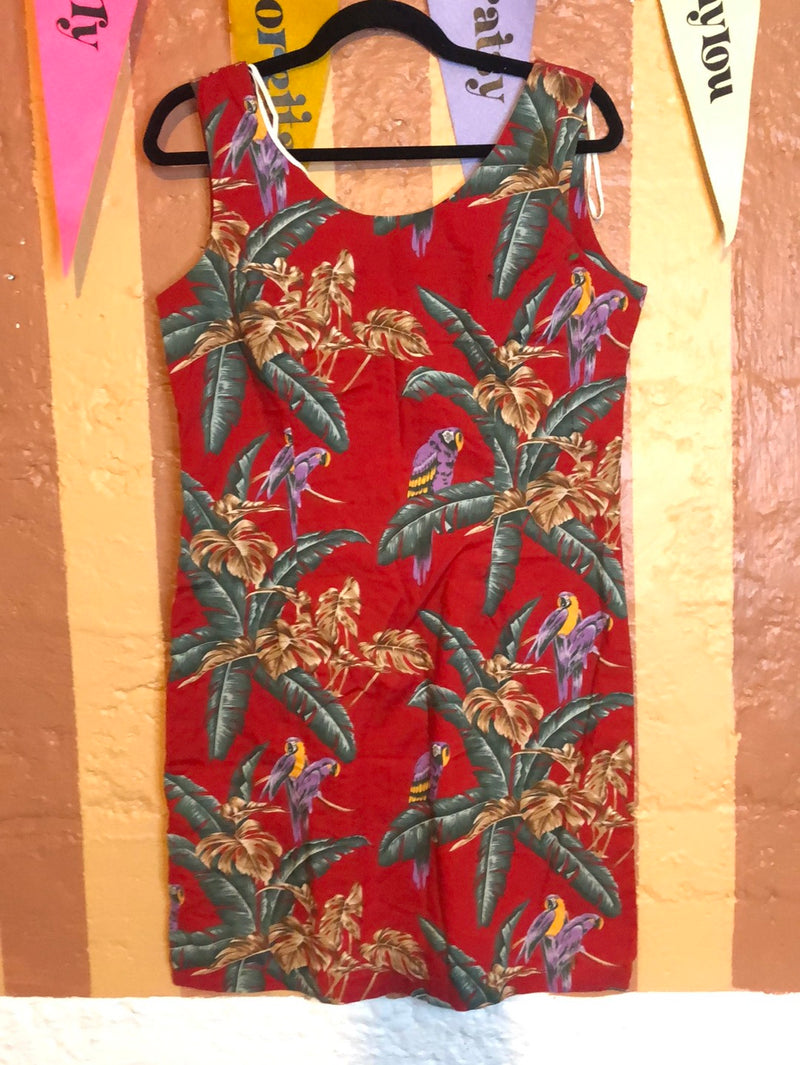 (RR2128) Parrot and Palm Print Hawaiian Shift Dress