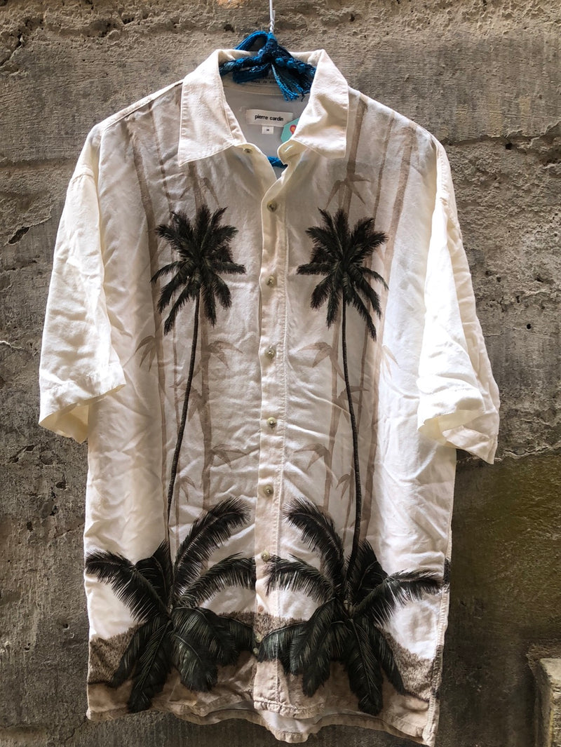 (RR2121) Beige Palm Tree Print Hawaiian Shirt