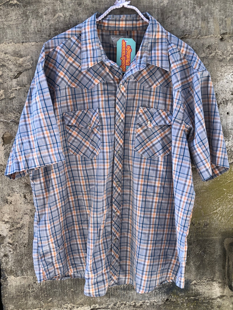 (RR2148) Blue and Orange Plaid Short Sleeve Western Button Down