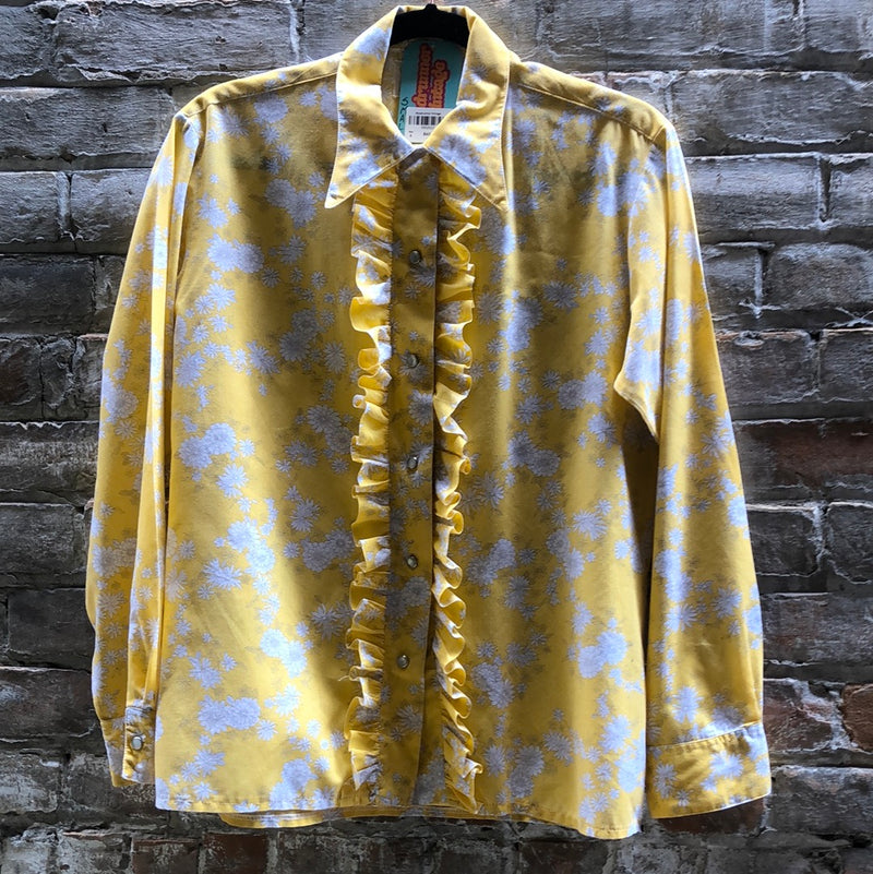 (RR2027) Yellow Floral Ruffle Button Down