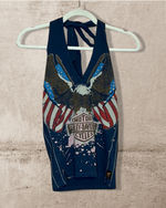 (RR2688) Vintage Harley Davidson Eagle and Flag Graphic Halter Top