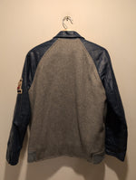(0625RR3784) Vintage Varsity Patch Jacket Blue Leather Sleeve Grey Felt