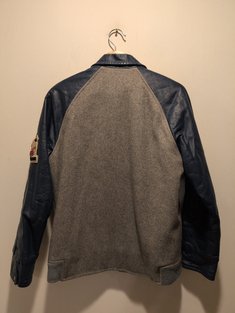 (0625RR3784) Vintage Varsity Patch Jacket Blue Leather Sleeve Grey Felt