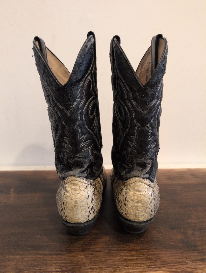 (KEN001) Vintage Silver Rebel Two Tone Snakeskin Black Leather Cowboy Boot